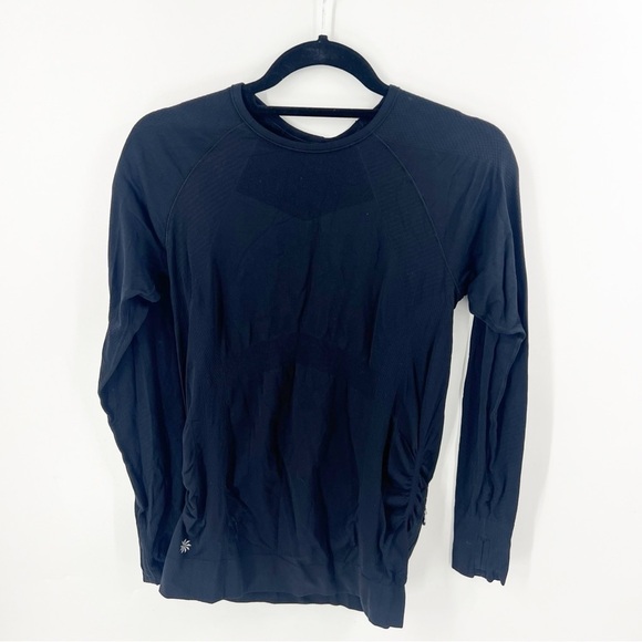 ✅ ATHLETA BLACK LONG SLEEVE RUCHED SIDES WOMEN'S TOP SIZE MEDIUM - Picture 1 of 6